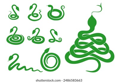 Green Snake silhouette set. Collection of snakes isolated on White background. big set of Snake silhouettes vector on white background.  2025 Chinese Year of the Snake. Vector illustration