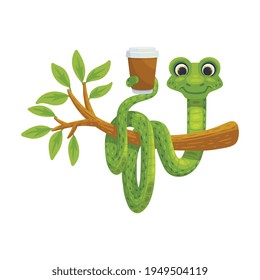 Green snake sits on tree with cup of coffee, flat vector illustration isolated.