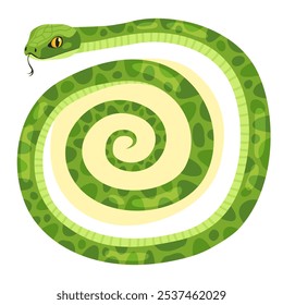 Cobra verde em forma de espiral, fundo branco. Ano Novo da Cobra, Ano Novo Lunar ou Ano Novo Chinês. Personagem do desenho animado do zodíaco animal, mascote, símbolo do ano. Ilustração de um cartão