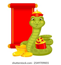 Green snake, symbol of Chinese lunar New Year 2025. Cute smiling snake, traditional scroll with place for text, gift box and gold coins. Wishes wealth and prosperity in New Year. Vector illustration