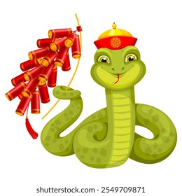 Green snake, symbol of Chinese lunar New Year 2025. Cute smiling snake in traditional hat and with petards firecrackers. Happy Chinese New Year greeting. Vector illustration