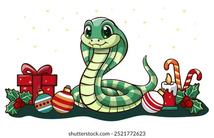 Green snake is the symbol of Chinese New Year 2025 surrounded by Christmas tree toys, gifts and candy. Greeting card 2025 Isolated on white background. Vector flat illustration.