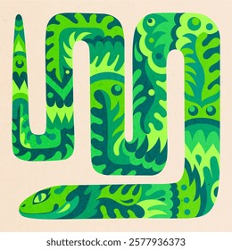 Green snake. Symbol of the New Year. Snake silhouette with fern pattern.