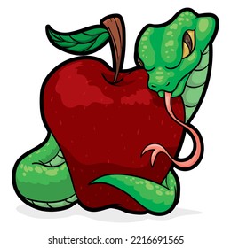 Green snake tempting you with a red apple like the biblical story.