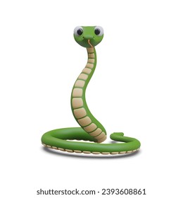 Green snake with textured belly. 3D poisonous reptile with forked tongue. Dangerous creature, python. Vector character in cartoon style. Savage. Color illustration