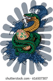 A green snake that guards its egg