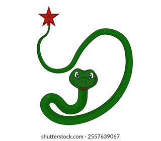 Green snake with Top red star on the snake tail. Vector illustration symbol 2025 New Year.