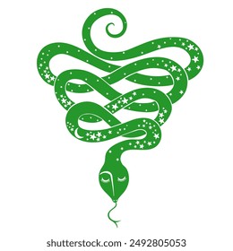 Green Snake Vector for tattoo design. Snake of mystical magic object moon and stars. Spiritual occultism symbols, esoteric object. Lunar new year 2025. Zodiac sign for greetings card, invitation