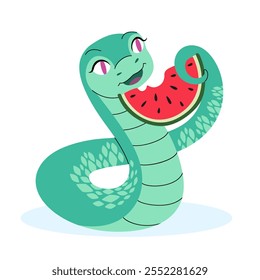 Green Snake with watermelon. Summer vibe character. Symbol of Chinese New Year. Suitable for greeting card, calendar, packaging. Vector flat illustration.