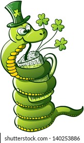 Green snake wrapping her body around a glass and drinking green beer to celebrate St Patrick's Day