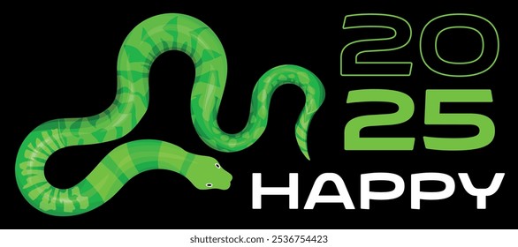 green snake year. Happy holidays. Chinese zodiac snake in flat modern style. Art design celebrate party banner template. Decorate numbers colorful.