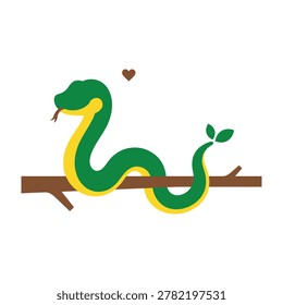 A green snake with yellow underbelly on a brown branch with a heart above its head, representing affection for wildlife and the environment