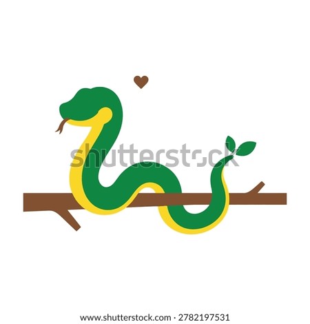 A green snake with yellow underbelly on a brown branch with a heart above its head, representing affection for wildlife and the environment