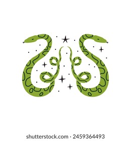 Green snakes on isolated background. Mystical vector flat symmetry illustration of reptiles