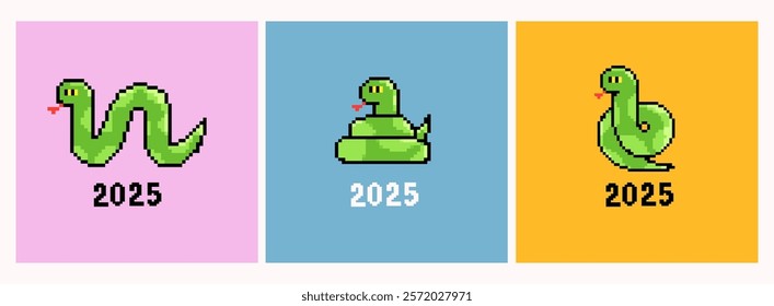 Green Snakes, various poses. Cute funny characters. Symbol of the new year 2025. Pixel Art, 8 bit, retro video game style. Hand drawn modern Vector illustration. Isolated design elements. Square cards