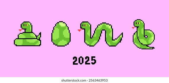 Green Snakes in various poses, egg. Cute funny characters. Symbol of the new year 2025. Pixel Art, 8 bit, retro video game style. Hand drawn modern Vector illustration. Isolated design elements