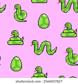 Green Snakes in various poses, egg. Cute funny characters. Symbol of the new year 2025. Pixel Art, 8 bit, retro video game style. Hand drawn modern Vector illustration. Square seamless Pattern