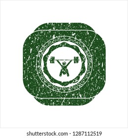 Green snatch, weightlifting icon inside grunge seal