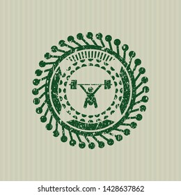 Green snatch, weightlifting icon inside distress grunge seal