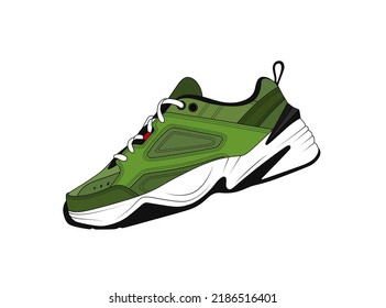 Green sneaker vector silhouette isolated on white background. Military color sneakers. Trainers shoe illustration. Casual footwear logo. Men shoes icon. Teenager wear icon. Modern fashion, side view