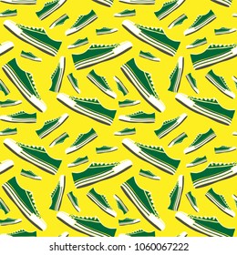 green sneakers of different sizes on a yellow background, seamless pattern