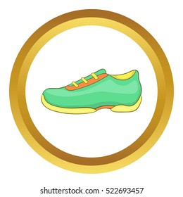 Green sneakers vector icon in golden circle, cartoon style isolated on white background