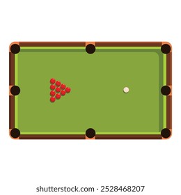 Grüner Snookertisch mit roten Bällen, die zu Beginn eines Spiels in Dreiecksform angeordnet sind