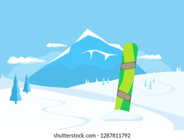 green snowboard on the background of winter mountains flat vector illustration