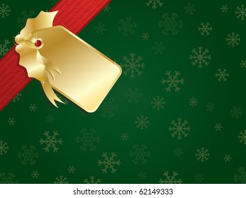 Green Snowflake Christmas Background With Ribbon And Gold Gift Tag