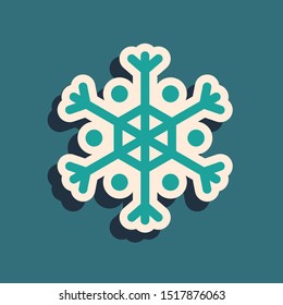 Green Snowflake icon isolated on blue background. Long shadow style. Vector Illustration
