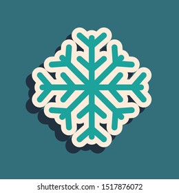 Green Snowflake icon isolated on blue background. Long shadow style. Vector Illustration