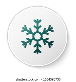 Green Snowflake icon isolated on white background. White circle button. Vector Illustration