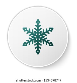 Green Snowflake icon isolated on white background. White circle button. Vector Illustration