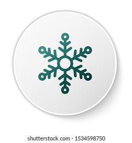 Green Snowflake icon isolated on white background. White circle button. Vector Illustration