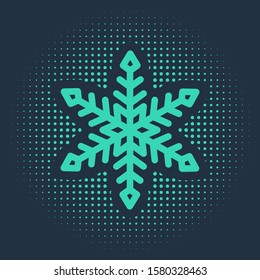Green Snowflake icon isolated on blue background. Abstract circle random dots. Vector Illustration