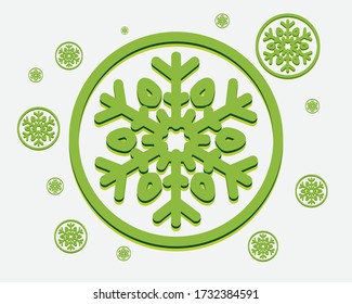 Green snowflake icon isolated on white sky background