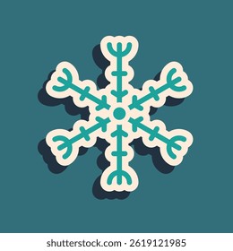 Green Snowflake icon isolated on green background. Long shadow style. Vector Illustration