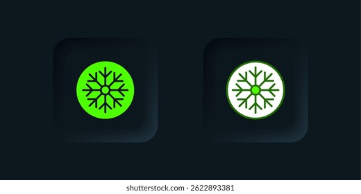 Icono verde del copo de nieve aislado en fondo negro. Felices Navidades y Feliz Año Nuevo. Botón cuadrado negro. Vector