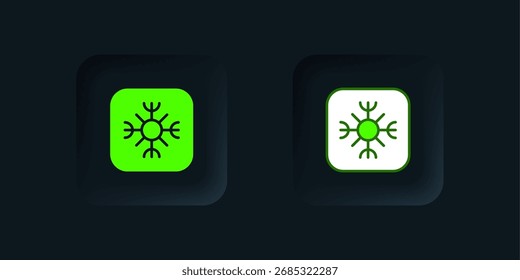 Green Snowflake icon isolated on black background. Black square button. Vector