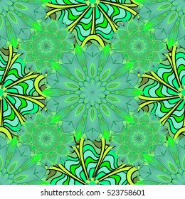 Green snowflakes. Green background. Dim. Vector illustration.