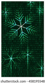 Green snowflakes with light streaks falling. Green christmas background with falling snowflakes. 16:9. Vector Art