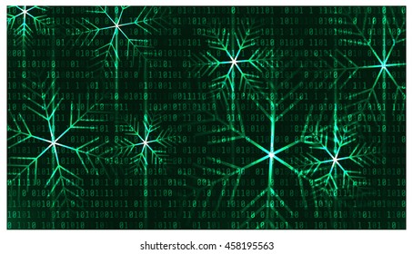 Green snowflakes with light streaks falling. Green christmas background with falling snowflakes. 16:9. Vector Art