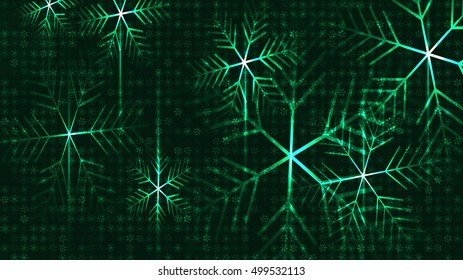 green snowflakes with light streaks falling. Horizontal seamless background. 16:9