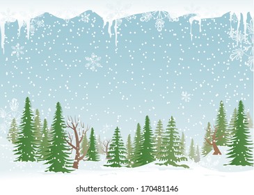 Green, snowy forest with fir-trees and snowflakes.