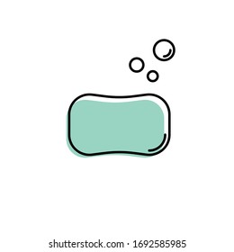Green soap vector icon. Cute soap bar with bubbles isolated on white background. Virus protection. Minimalist linear vector illustration. Wash hands concept.
