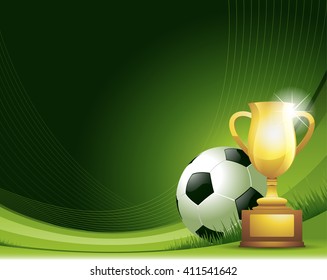 Green Soccer background with ball and trophy