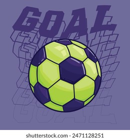 Green Soccer ball on purple background with text Goal in college style. Football poster. Digital lettering print