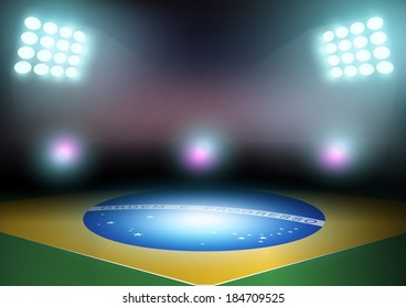 Green soccer field, brazil flag, bright spotlights, illuminated stadium, Vector illustration modern design 