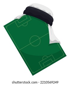 Green soccer field decorated with an Arab white keffiyeh. Design in cartoon style over white background.
