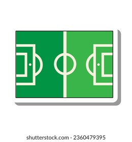 Green soccer field with marking lines top view. Sports goods for active sports and body strengthening concept. Flat paper sticker icon isolated on white background